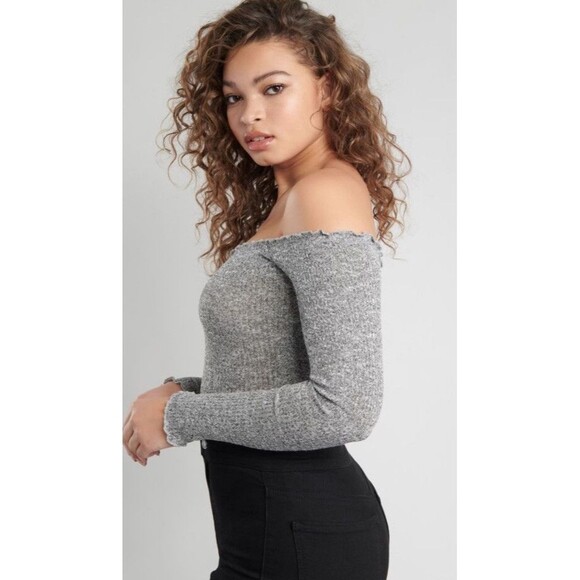 New Garage Women's M Off the Shoulder Bodysuit Long Sleeve Salt & Pepper Gray - Picture 2 of 9